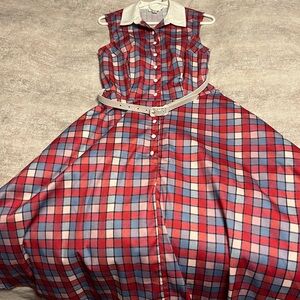 Unique Vintage Red Blue Plaid Midi Shirt Dress with White Collar